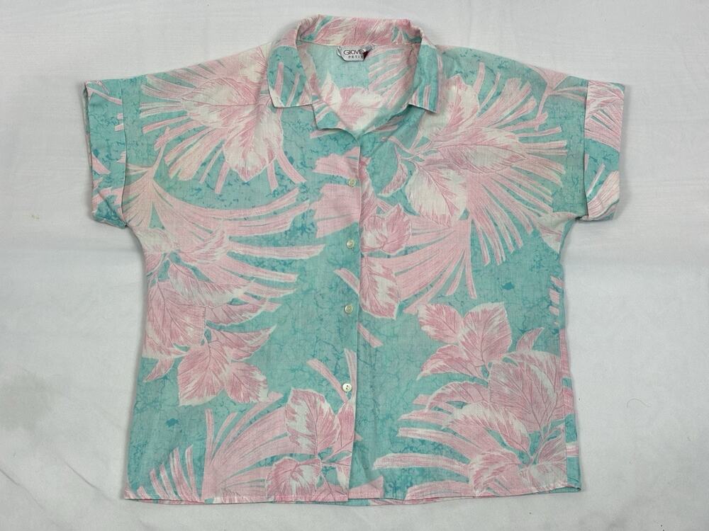 VTG Giovelli Petite Tropical Print Short Sleeve Button Up Shirt Green Pink M